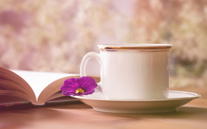 food and drink, cup, breakfast, teacup, ceramic, white, cappuccino, refreshment, table, flower, 720P, saucer, pink color, flowering plant, hot drink, indoors