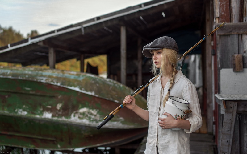 women, hairstyle, beautiful woman, vintage, 1080P, Maxim Guselnikov, fishing rods, cans, fishing, model, young adult, hat, clothing, one person, architecture