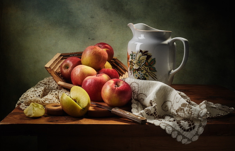 cut, table, items, fruit, Apple, apples, dishes, still life, napkin, fabric, pitcher, 1080P, knife, composition, food, the dark background, red