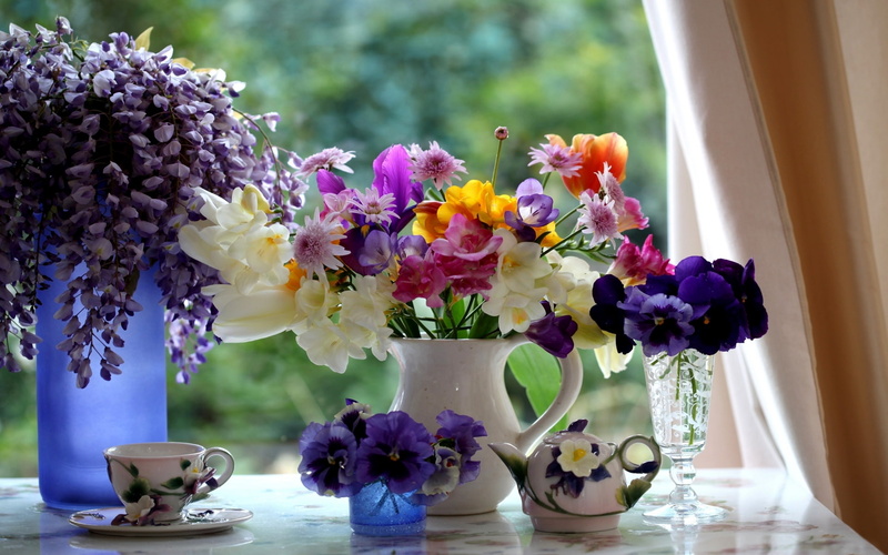 flowers, table, window, 1080P, trees, bouquets, vase, color, curtains, cup, photography, plants, life, glass, bowl, setting