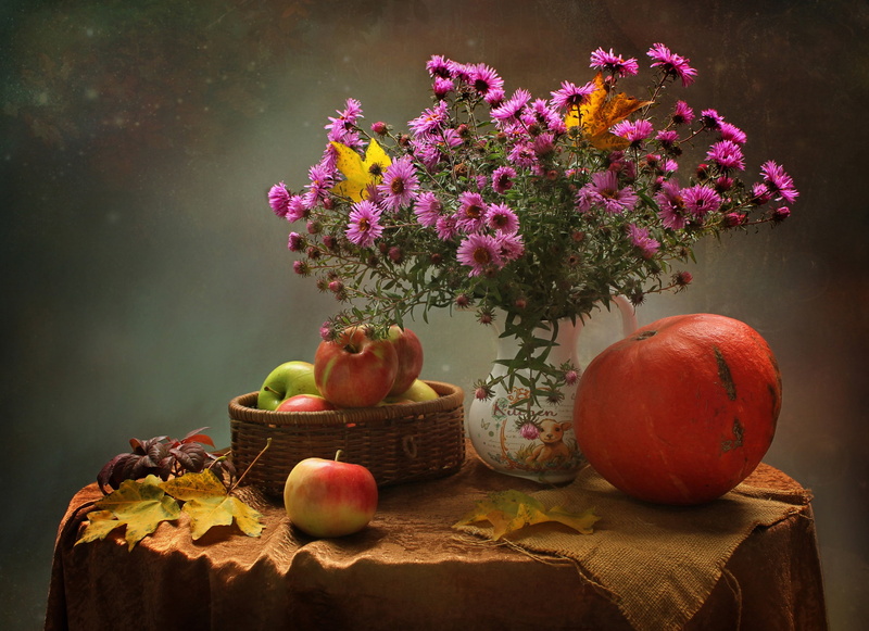 pumpkin, 1080P, still life, asters, leaves, bouquet, apples, autumn, tablecloth, vase, table, background, flowers