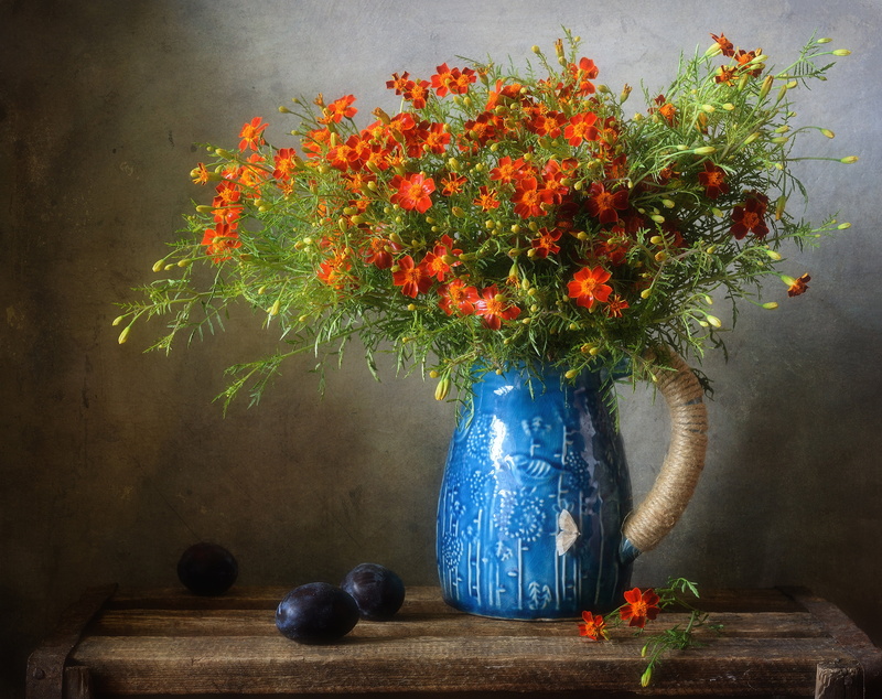 plum, composition, bouquet, still life, pitcher, vase, the dark background, flowers, 4K, marigolds
