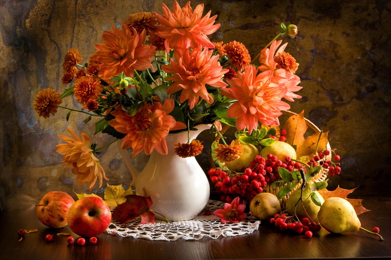 peach, 4K, flower, fall, berry, fruit, life, leaf, still, vase