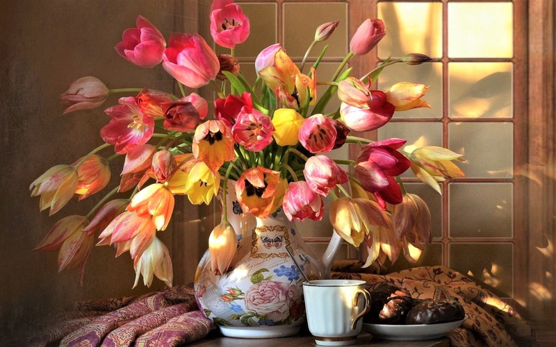 Window, Cup, 1080P, Tulip, Chocolate, Photography, Flower, Still Life, Pitcher