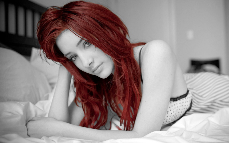 furniture, long hair, young adult, women, dyed red hair, redhead, beauty, front view, beautiful woman, Susan Coffey, in bed, young women, contemplation