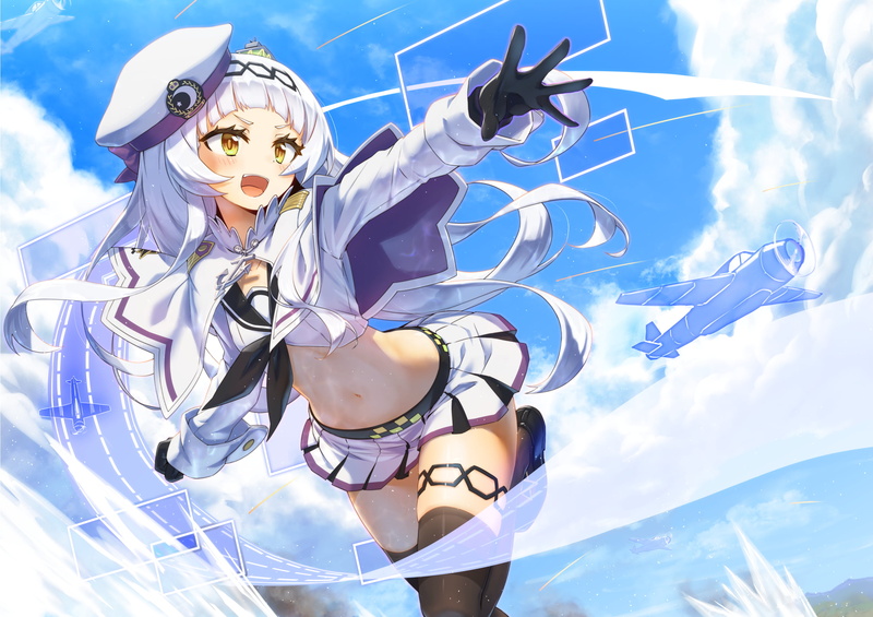 stockings, clouds, yellow eyes, gray hair, thighs, sky, gloves, navels, long hair, blush, Murasaki Shion, school uniform, skirt, hat, open mouth, cape
