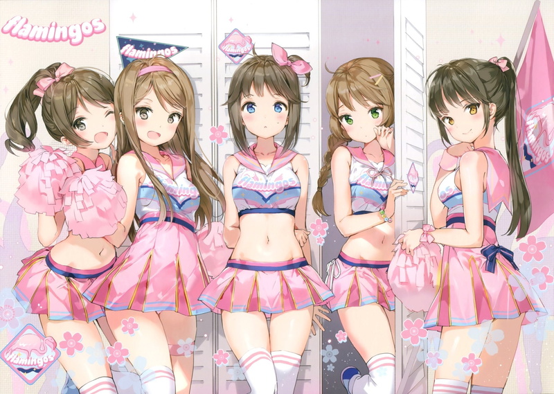 Anime, Yellow Eyes, Green Eyes, Blush, Skirt, Long Hair, Headband, Wish Upon the Pleiades, Blue Eyes, Cheerleader, Ponytail, 1080P, Wink