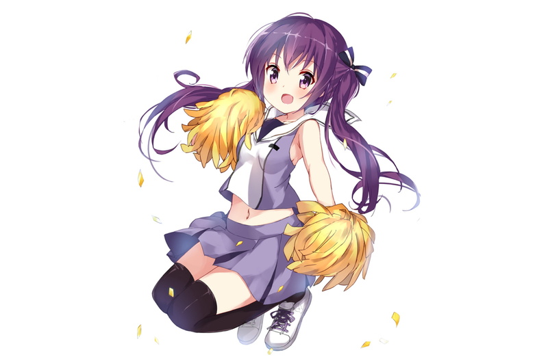 Smile, Purple Hair, Cheerleader, Blush, Anime, Long Hair, Girl, Purple Eyes, Skirt, Is the Order a Rabbit?, Thigh Highs, 1080P, Rize Tedeza, Twintails