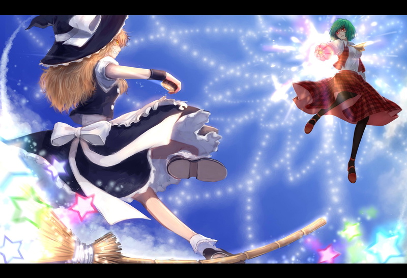 kirisame, hat, red, sola7764, yellow, marisa, eyes, kazami, green, skirt, socks, blonde, girls, 1080P, dress, yuuka, short, bow, hair, sky, touhou, long