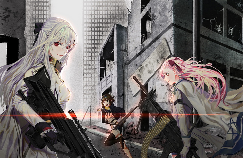 long, 251549, konachan, gun, uniform, bow, pink, city, skirt, building, weapon, cape, eyes, ruins, brown, com, gray, red, thighhighs, boots, hair, gloves