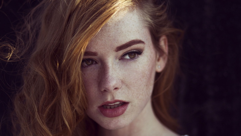 1080P, readhead, face, freckles, women, model, looking away, solo, hazel eyes, red lipstick, redhead, open mouth, long hair, portrait, Hattie Watson, brown