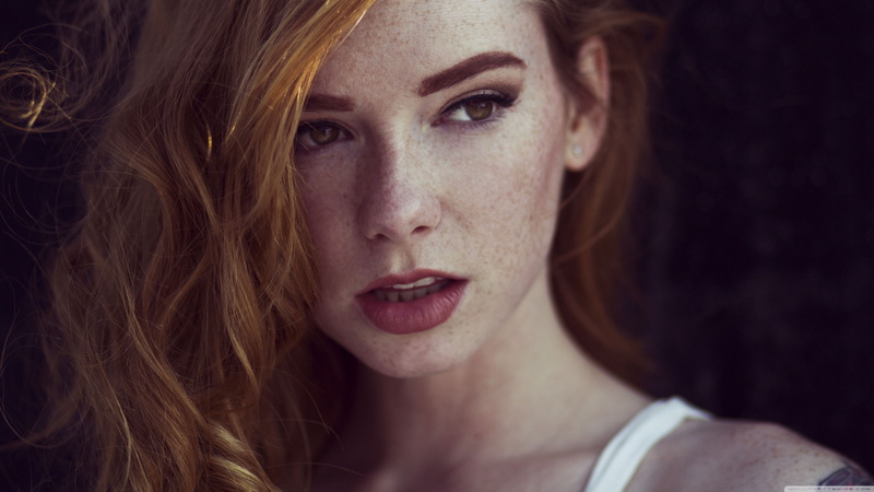 looking away, redhead, red lipstick, solo, face, model, brown eyes, Hattie Watson, freckles, readhead, portrait, long hair, 4K, hazel eyes, women, open