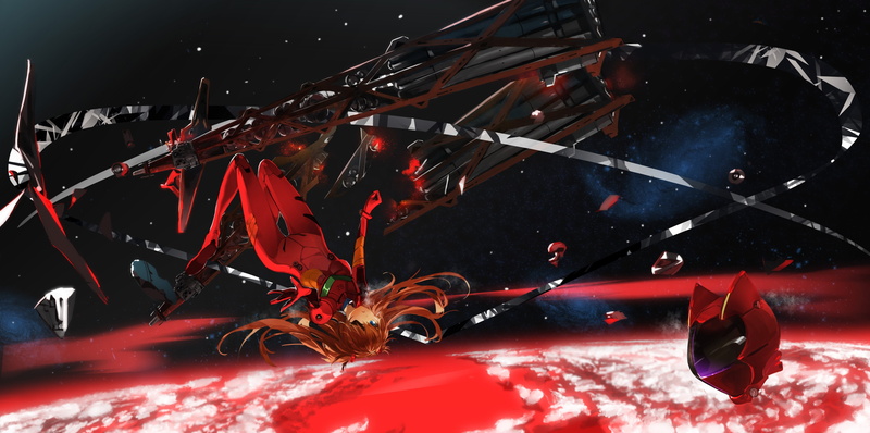 anime, eyepatches, blue eyes, space, science fiction, EVA Unit 02, readhead, stars, planet, Earth, Neon Genesis Evangelion, helmet, horizon, floating, 4K