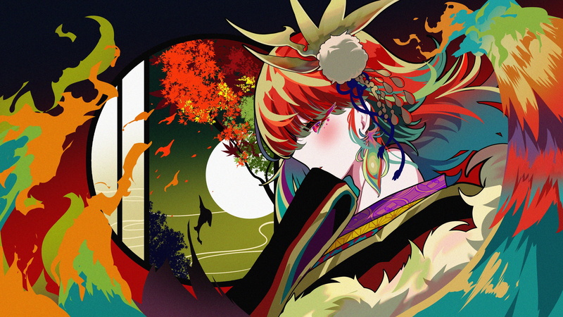Japanese clothes, anime girls, anime, leaves, trees, wings, readhead, long hair, 4K, red eyes, Moon