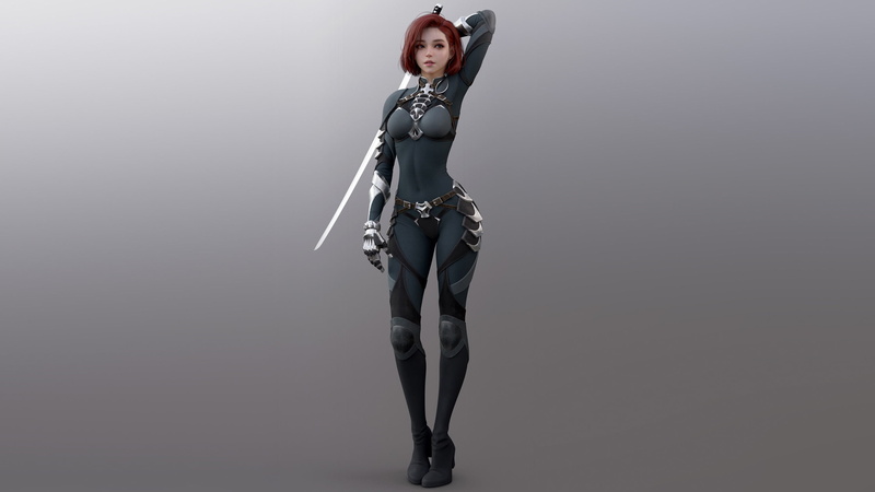 2K, Shin JeongHo, readhead, ArtStation, Armored, suite, armor, katana