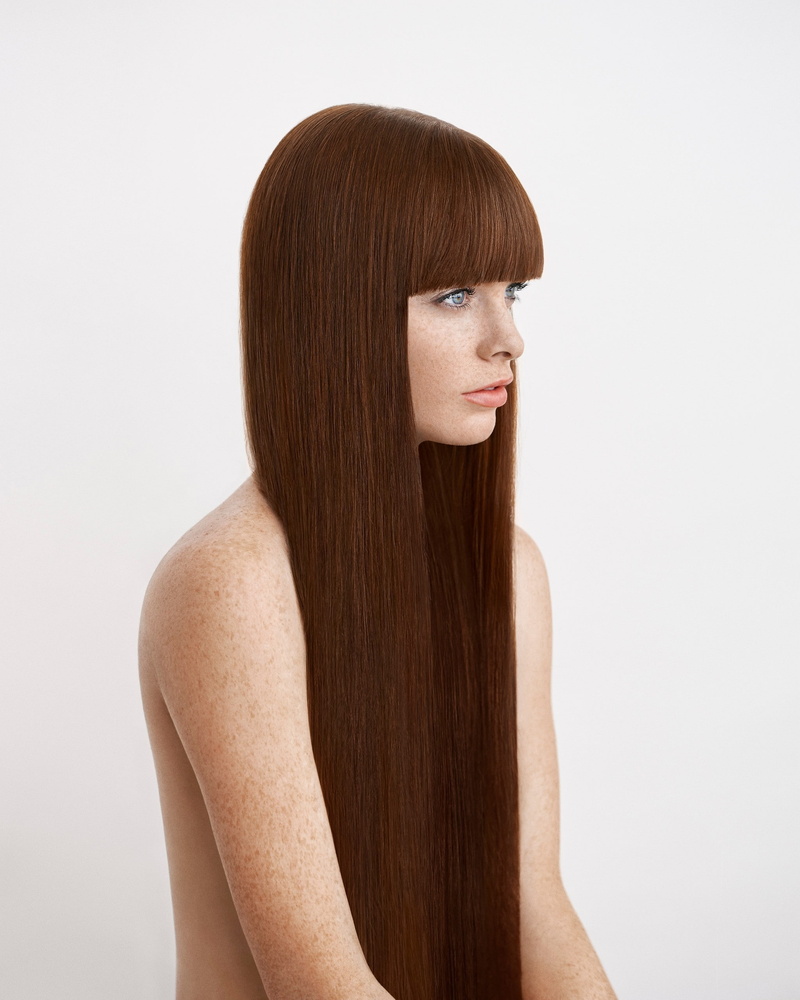 one person, beautiful people, young adult, long hair, contemplation, human hair, redhead, studio shot, white background, straight hair, beauty, 2K, readhead hair portrait