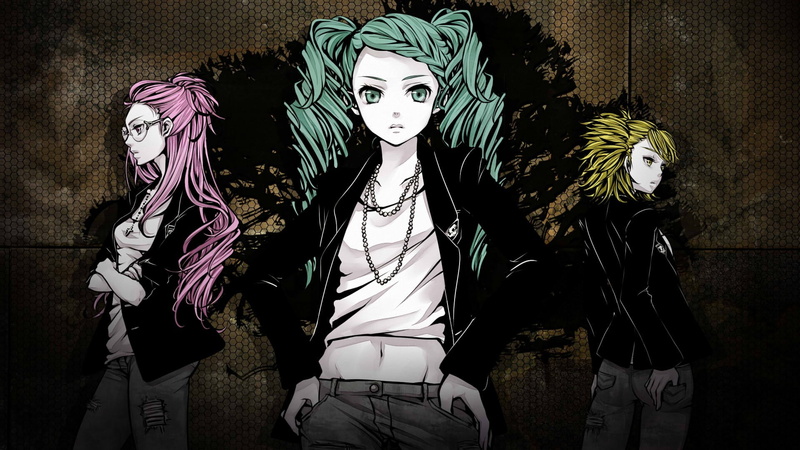 people, built structure, front view, jacket, Kagamine Rin, indoors, costume, male likeness, pink eyes, women, Hatsune Miku, twintails, Megurine Luka, bangs
