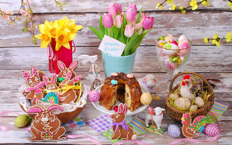 Cookies, Bread, Tulips, 2K, Easter, Eggs, Flowers
