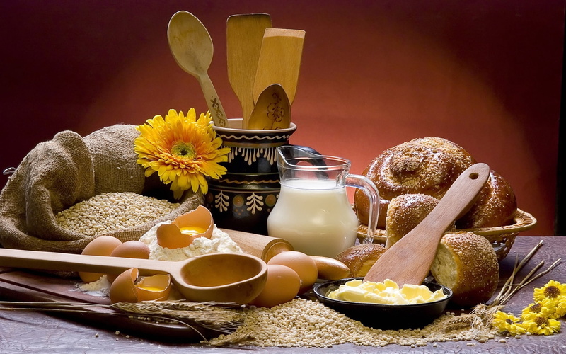 eggs, cheese, bread, milk, 720P, still life, components