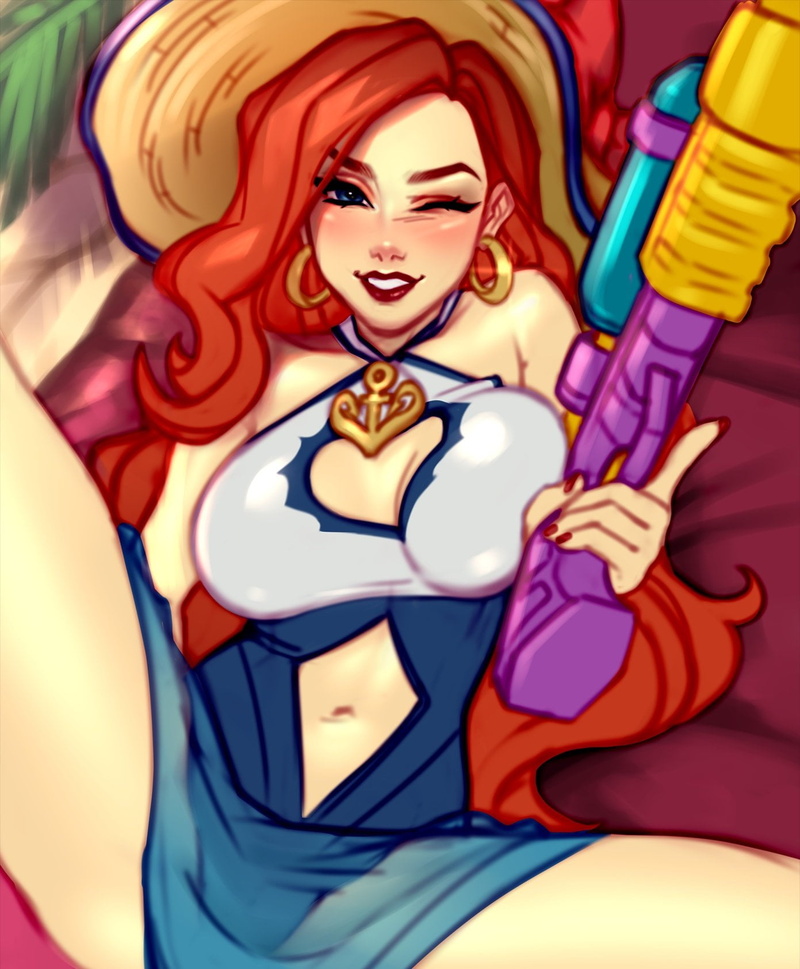 readhead, smile, League of Legends, video game characters, Riot Games, wink, video games girls, 720P, BlushyPixy, water guns, Miss Fortune (League of Legends