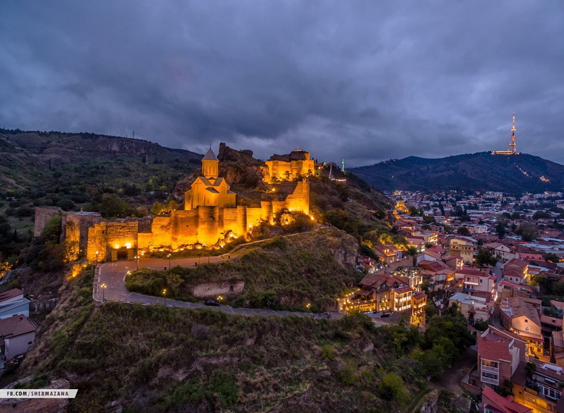architecture, city, the past, cloud - sky, history, illuminated, Tbilisi, building, outdoors, sky, travel destinations, 1080P, mountain, religion, Georgia