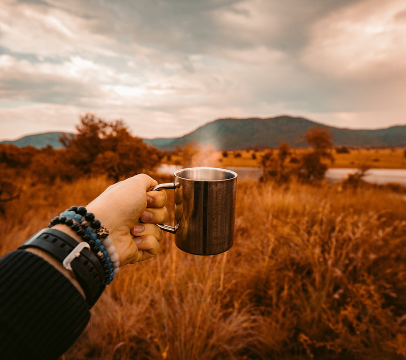 cup, jug, cloud - sky, wilderness, gamereserve, sky, drink, steel, food and drink, human hand, breakfast, person, real people, southafrica, mug, human