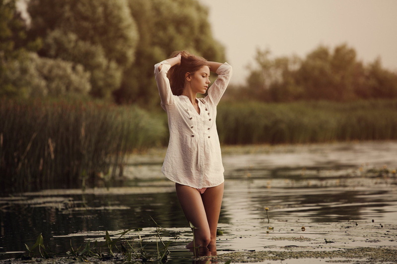trees, pose, water, the reeds, girl, Kseniya Kokoreva, Yuri Yegorov, grass, 1080P, legs, hair