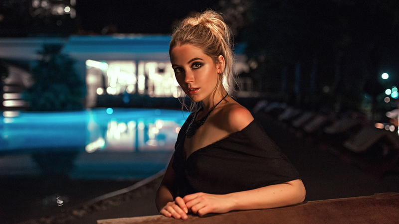 hairstyle, look, portrait, Kseniya Kokoreva, lights, Ksenia Kokoreva, brown hair, 1080P, makeup, bokeh, beauty, night, Yuri G See Also:, pool, pose, glare