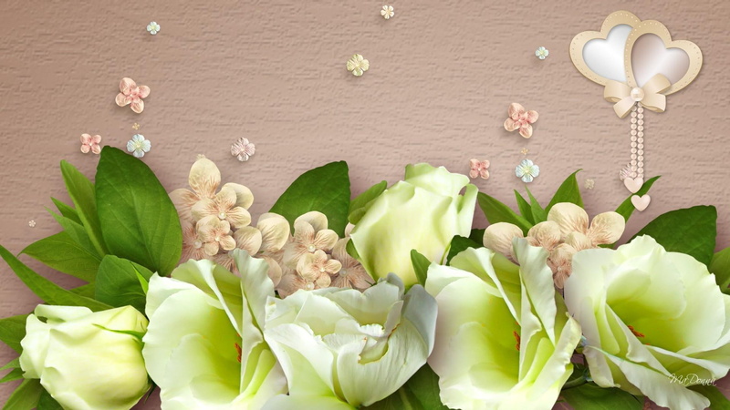 beige, simple, 1080P, fleurs, valentines day, bisque, flowers, green, scatter, nature, spring, light, special, hearts