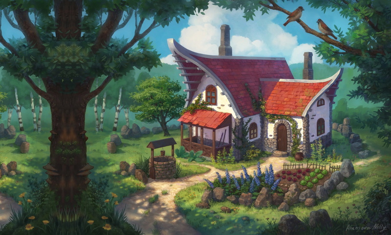 Nelly Amosova, Fantasy sketch, childrens, house, forest, fantasy, art, 1080P, the garden