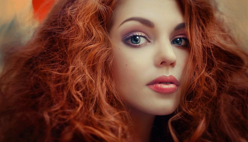 red, girl, 1080P, light, beast, makeup, portrait, Natalia, macro, wonderful, cute, blue-eyed, lipstick, look, nice, beautiful, face, art, Kerry Moore