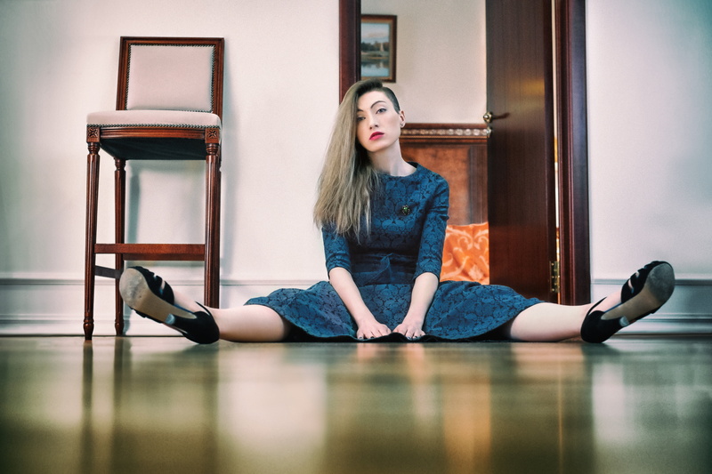 front view, people, hands, parquet, hotel, woman, posture, photoshoot, adult, lips, portrait of a girl, young women, heels, indoors, baby doll, brown hair