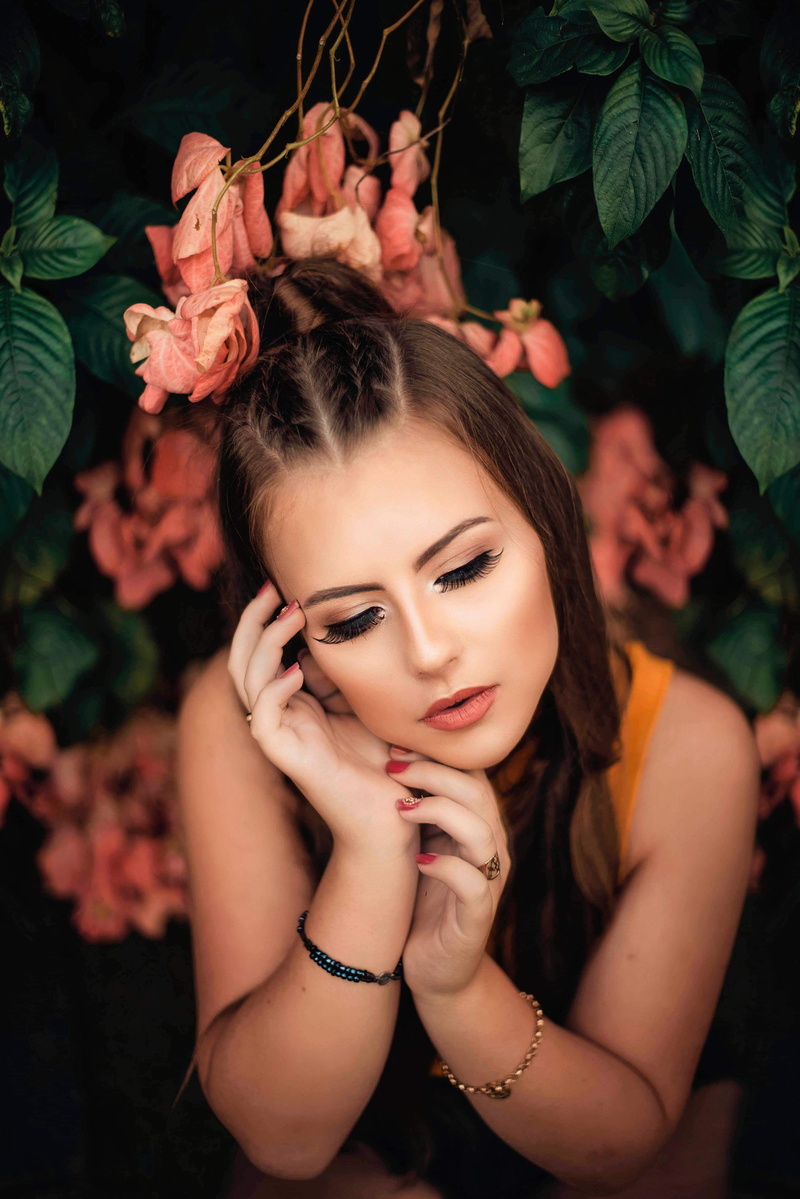 one person, young adult, young women, female, fun, beautiful, leaves, lady, looking at camera, pretty, portrait, attractive, women, closed eyes, plant