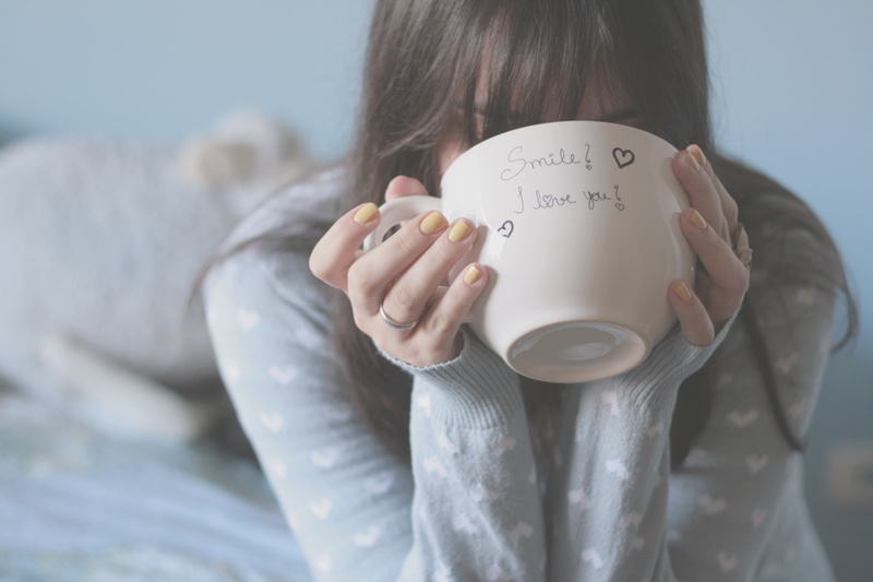 real people, beauty, background, bed, comfortable, cute, adult, nails, mood, close-up, the inscription, front view, the, females, coffee - Drink
