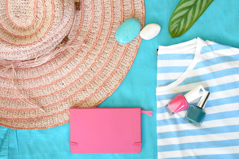 summer knick-knack, two, high angle view, flatlay, 4K, pink color, hat, vacation, tablecloth, clothing, pattern, no people, art and craft, summer, white