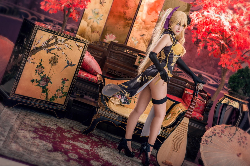 room, costume, Asian, curls, musical instrument, image, sexy, legs, 1080P, sideways, hip, style, cosplay, furniture, gloves, feet, hem, wardrobe, look
