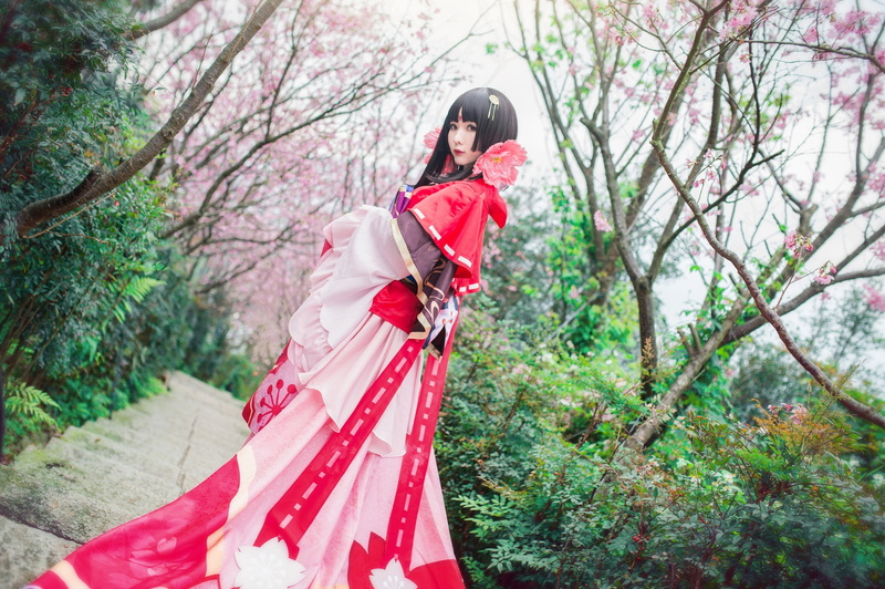 style, flowering, long, outfit, cosplay, trees, makeup, spring, branches, hairstyle, costume, brunette, Asian, background, flowers, image, garden, greens