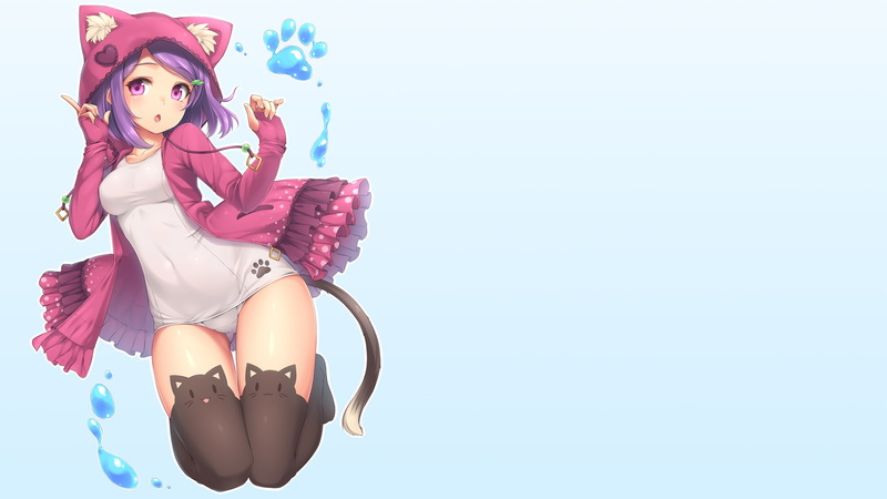 purple hair, kneeling, school swimsuits, simple background, 1080P, hoods, anime girls, thigh-highs, cat girl
