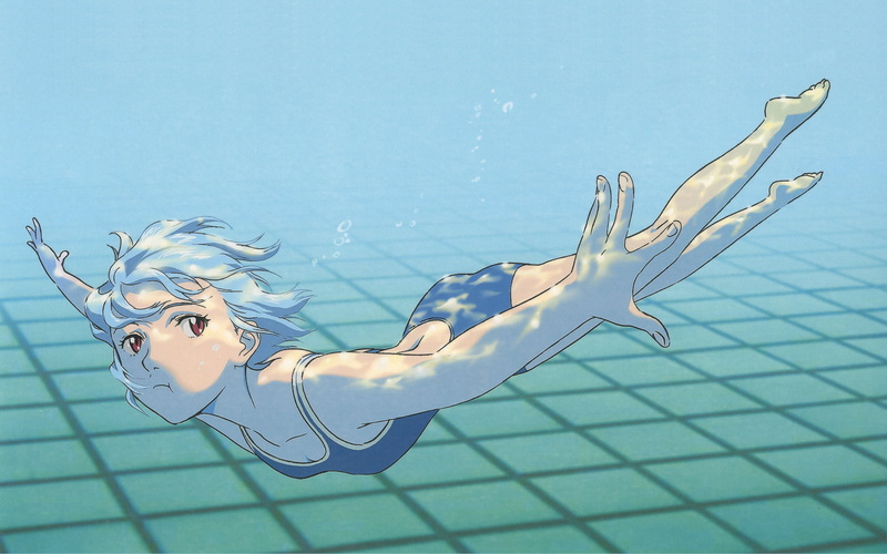 rei, red, swimming, underwater, genesis, ayanami, eyes, evangelion, swimsuits, neon, 2K, anime, girls