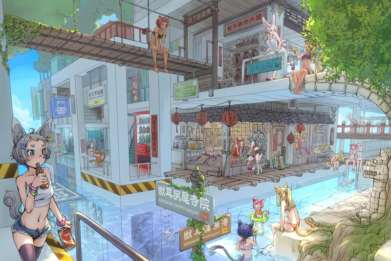 water, catgirl, animal, swimsuit, 720P, ears, nekomasu, drink, original, tail, bikini