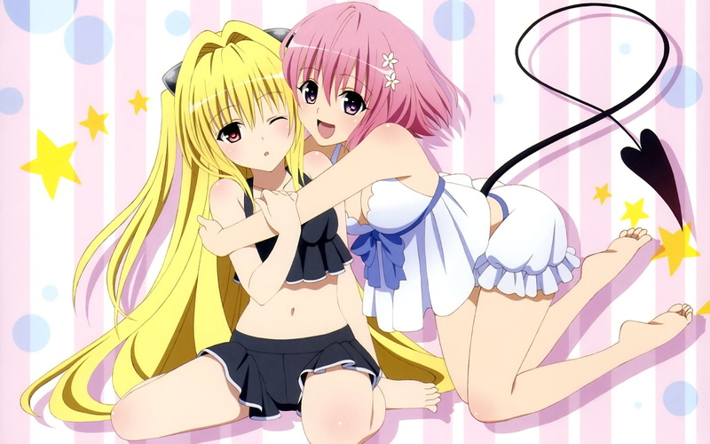 long, tail, blush, navel, darkness, pink, barefoot, love, hair, short, bow, girls, swimsuit, 1080P, hug, to love ru, blonde, bikini, wink, golden