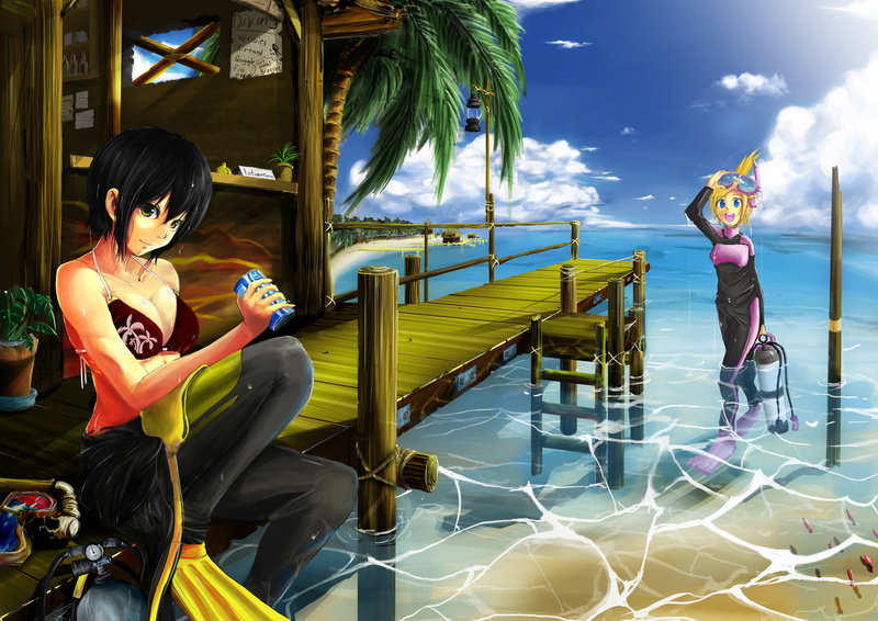 hair, animal, black, clouds, original, yellow, cleavage, girls, fish, eyes, 720P, swimsuit, water, summer, goggles, wet, short, drink, blonde, blue, tree