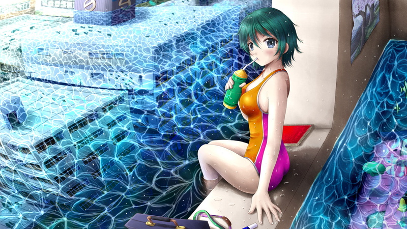 swimsuit, ilolamai, hair, wet, green, 1080P, tagme, original, water