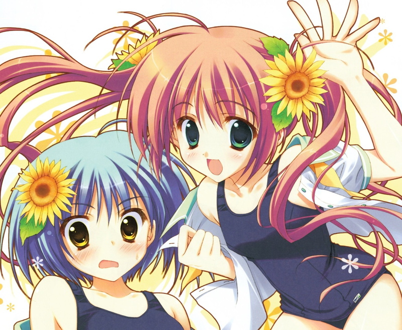 1080P, Anime, Short Hair, Yellow Eyes, Blue Hair, Blush, Sunflower, Swimsuit, Twintails, Original