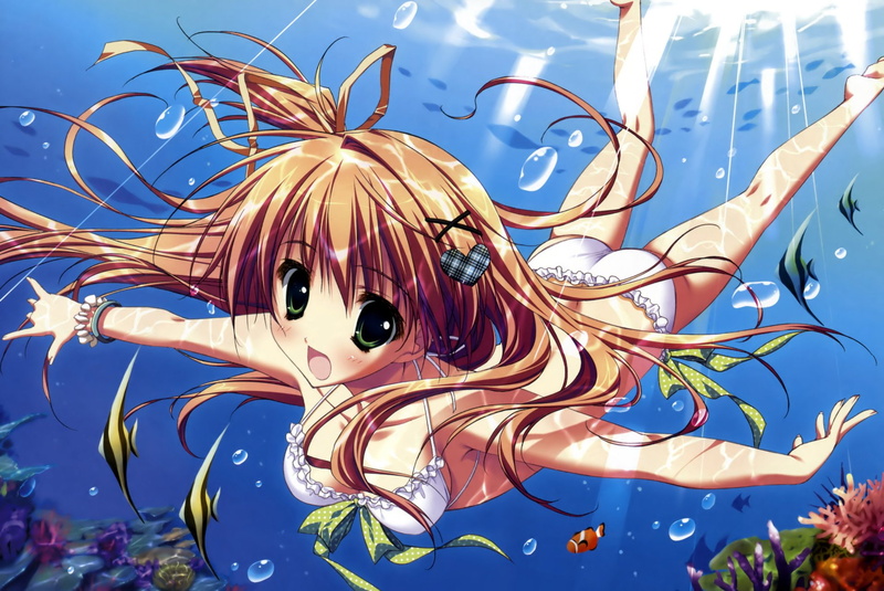 Green Eyes, Anime, 1080P, Original, Long Hair, Bikini, Brown Hair