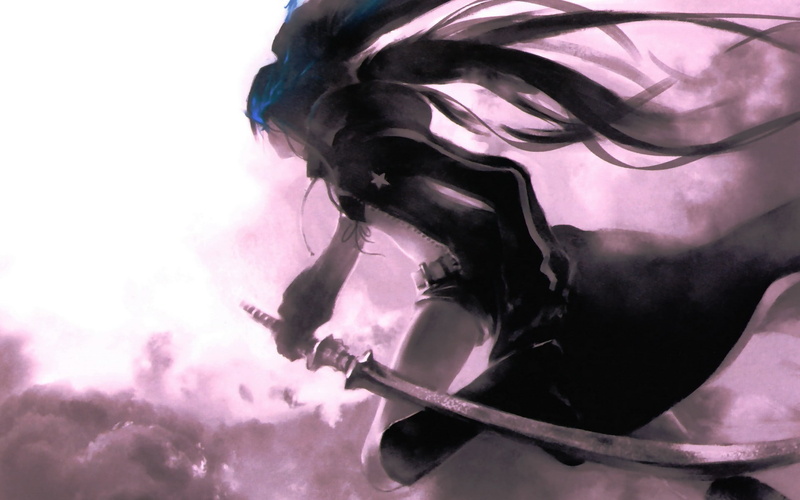 Running, brunettes, eyes, bikini, swords, Glowing, twintails, hair, 1080P, top, shorts, weapons, smoke, shooter, black, rock, boots, Long, blue