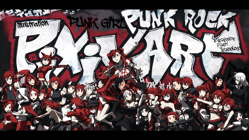 tie, pixiv, hat, 1080P, choker, rock, group, short, bikini, punk, masariro, wink, instrument, eyes, gloves, graffiti, skirt, hair, tattoo, long, dress