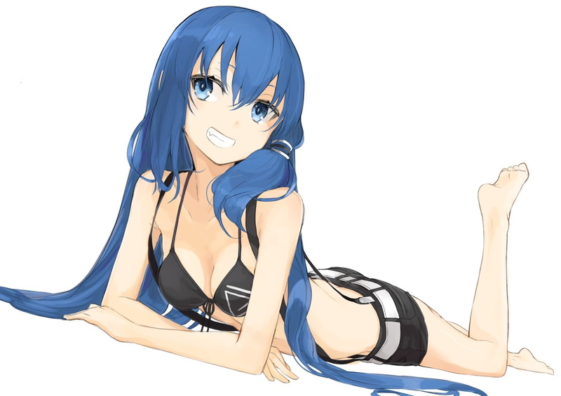 barefoot, top, miruto, white, 720P, bikini, original, shorts, hair, blue, long, netsuki, eyes