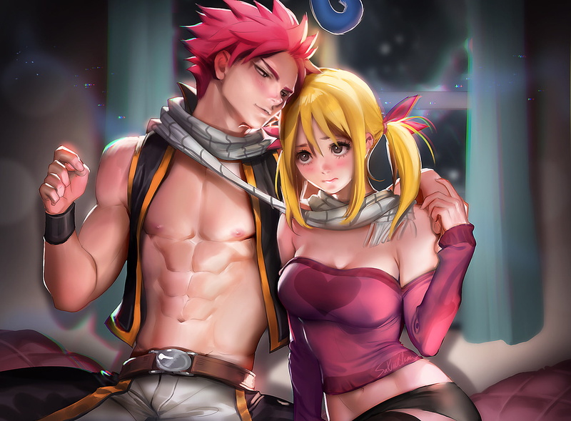 Fairy Tail, clothing, 1080P, illuminated, adult, pink color, beauty, Lucy Heartfilia, indoors, portrait, people, fashion, lingerie, Anime, night, Natsu Dragneel