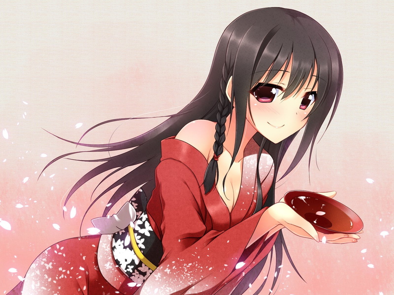 720P, sake, long, yu-ta, breasts, petals, japanese, braids, black, red, cleavage, kimono, clothes, eyes, original, blossoms, drink, hair, cherry